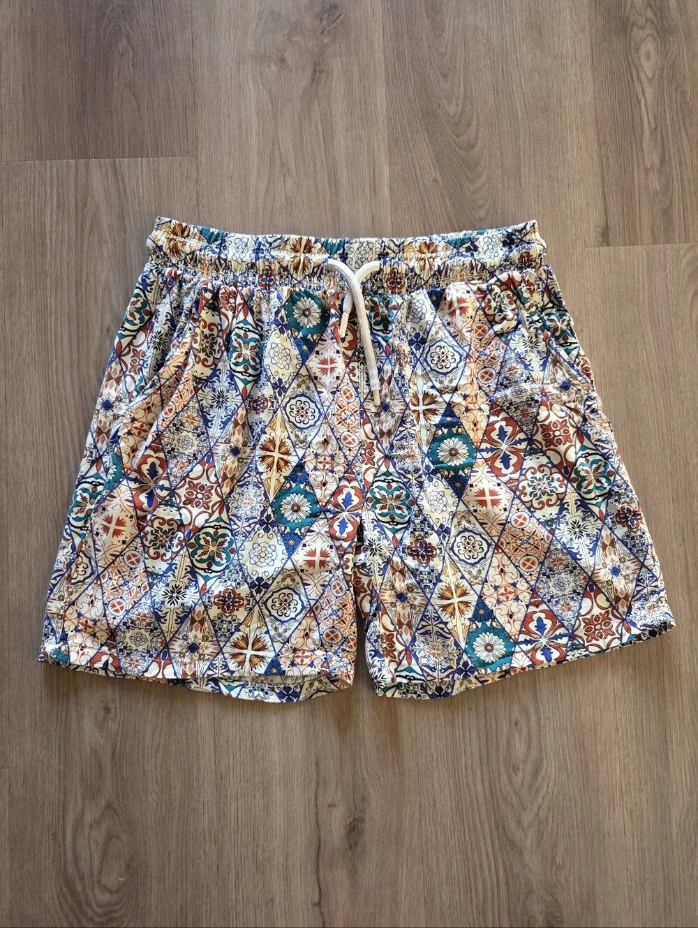 Thomas Collection Taborne Tropical Drawstring Shorts L Vacay Resort Preppy Ecru